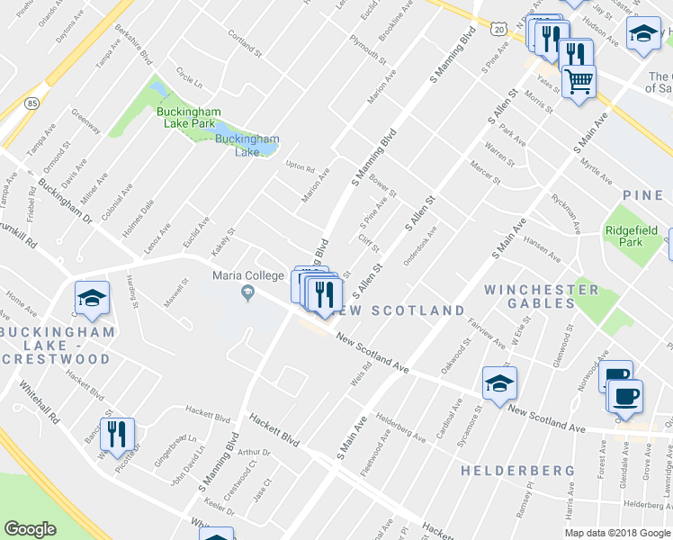 map of restaurants, bars, coffee shops, grocery stores, and more near 1 Twitchell Street in Albany