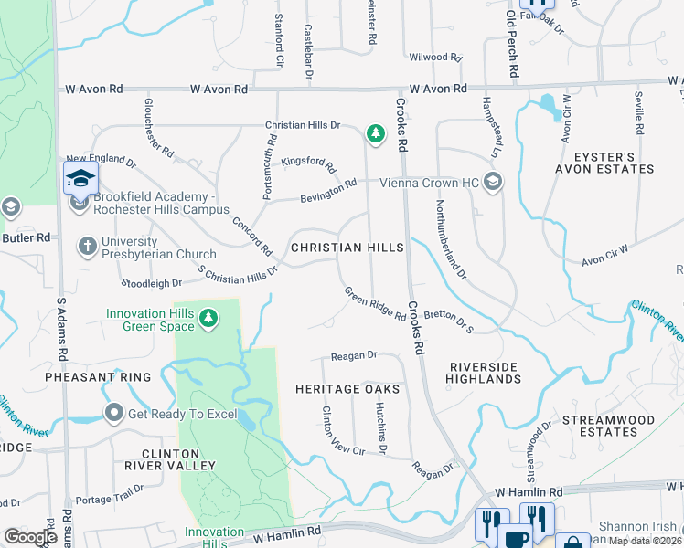 map of restaurants, bars, coffee shops, grocery stores, and more near 1315 Green Ridge Road in Rochester Hills