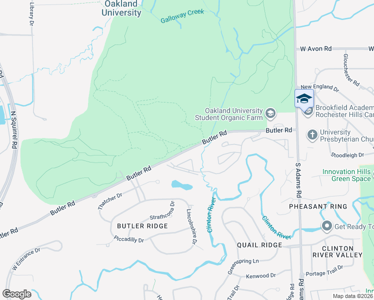 map of restaurants, bars, coffee shops, grocery stores, and more near Butler Road in Rochester Hills