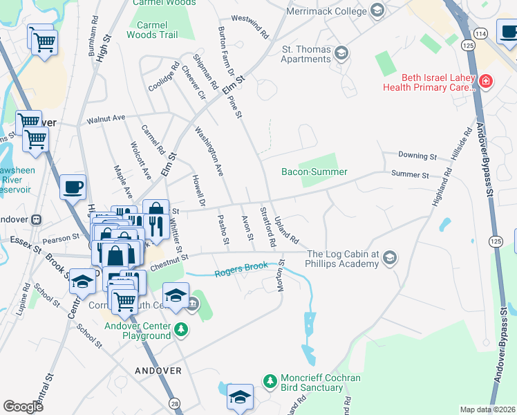 map of restaurants, bars, coffee shops, grocery stores, and more near 6 Avon Street in Andover