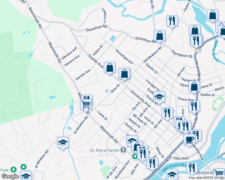 map of restaurants, bars, coffee shops, grocery stores, and more near 142 East Meadow Road in Lowell