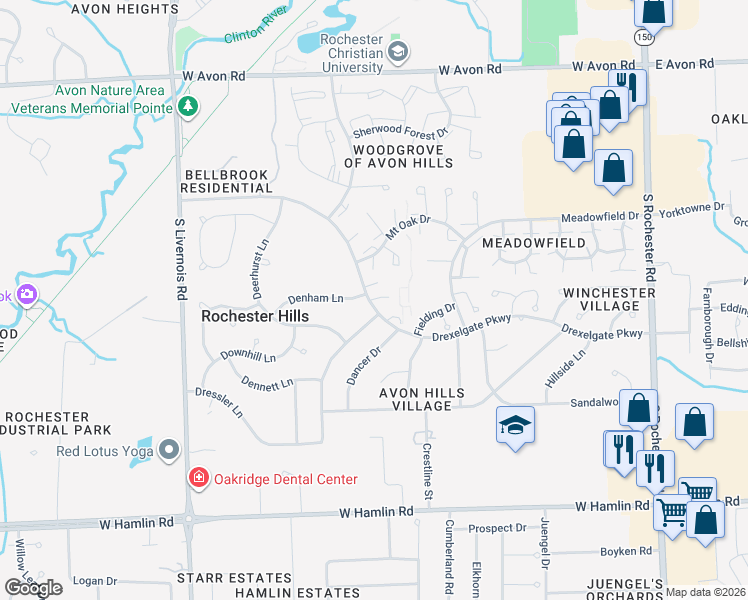 map of restaurants, bars, coffee shops, grocery stores, and more near 700 Dressler Lane in Rochester Hills