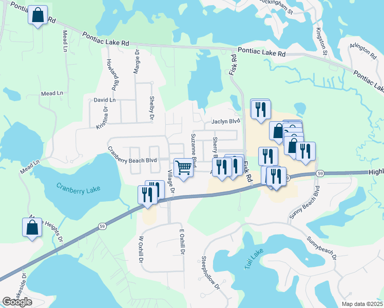 map of restaurants, bars, coffee shops, grocery stores, and more near 73 Suzanne Boulevard in White Lake charter Township