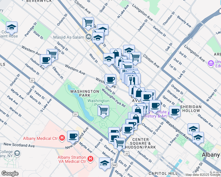map of restaurants, bars, coffee shops, grocery stores, and more near 465 Sprague Place in Albany