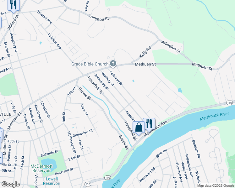 map of restaurants, bars, coffee shops, grocery stores, and more near 120A Amesbury Street in Dracut