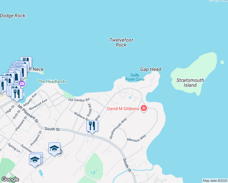 map of restaurants, bars, coffee shops, grocery stores, and more near 33 Marmion Way in Rockport