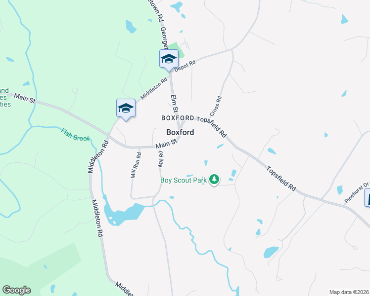 map of restaurants, bars, coffee shops, grocery stores, and more near 16 Main Street in Boxford