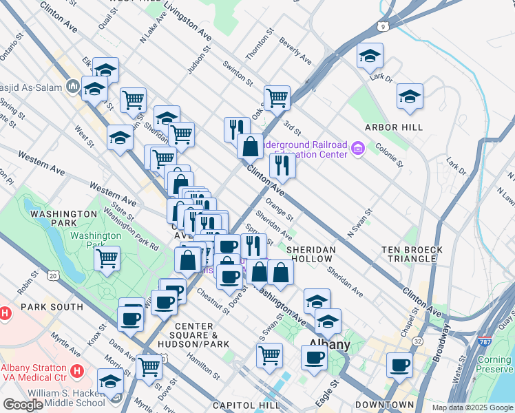 map of restaurants, bars, coffee shops, grocery stores, and more near 256 Sheridan Avenue in Albany