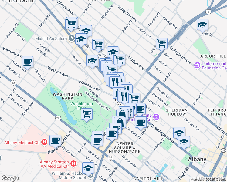 map of restaurants, bars, coffee shops, grocery stores, and more near 294 Washington Avenue in Albany