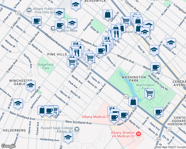 map of restaurants, bars, coffee shops, grocery stores, and more near 270 Quail Street in Albany