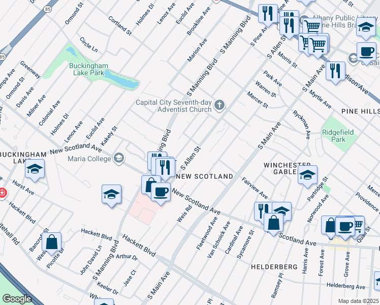 map of restaurants, bars, coffee shops, grocery stores, and more near 265 South Allen Street in Albany