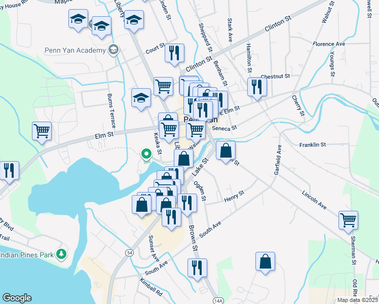 map of restaurants, bars, coffee shops, grocery stores, and more near 150 Water St in Penn Yan