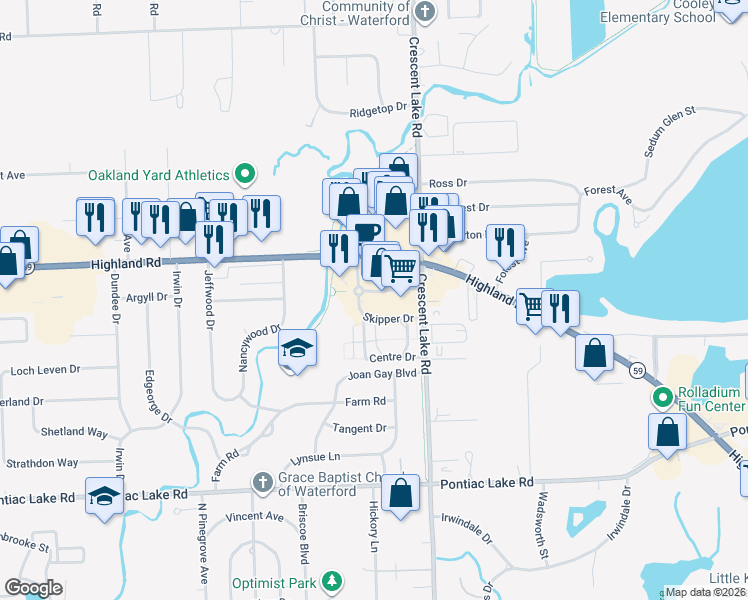 map of restaurants, bars, coffee shops, grocery stores, and more near 5141 Highland Road in Oakland County