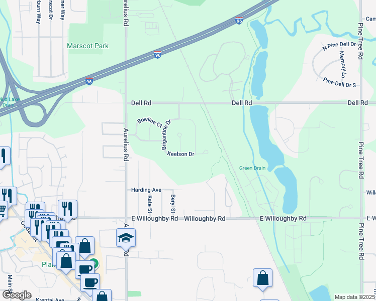 map of restaurants, bars, coffee shops, grocery stores, and more near 4370 Keelson Drive in Lansing