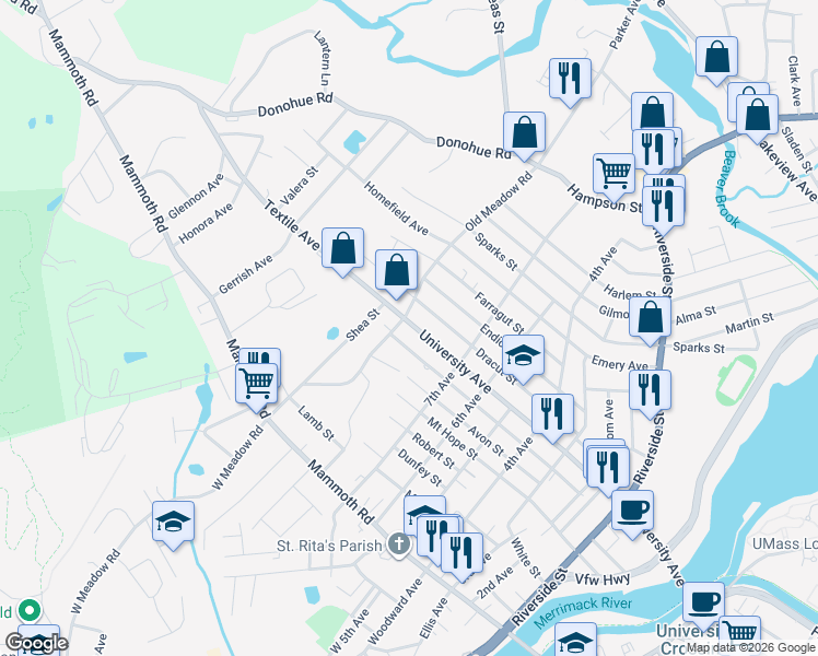 map of restaurants, bars, coffee shops, grocery stores, and more near 380 University Avenue in Lowell