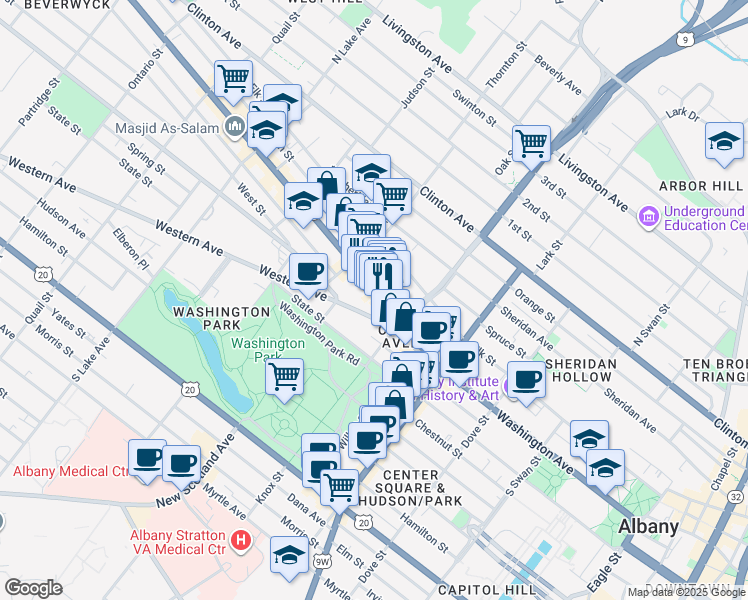 map of restaurants, bars, coffee shops, grocery stores, and more near 70 Central Avenue in Albany