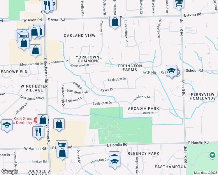 map of restaurants, bars, coffee shops, grocery stores, and more near 444 Essex Drive in Rochester Hills