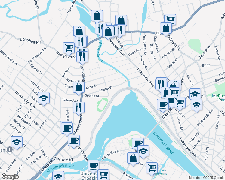 map of restaurants, bars, coffee shops, grocery stores, and more near 105 Martin Street in Lowell
