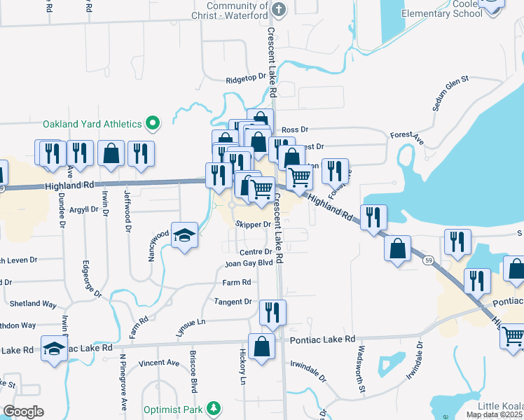 map of restaurants, bars, coffee shops, grocery stores, and more near 5111 Highland Road in Waterford Township