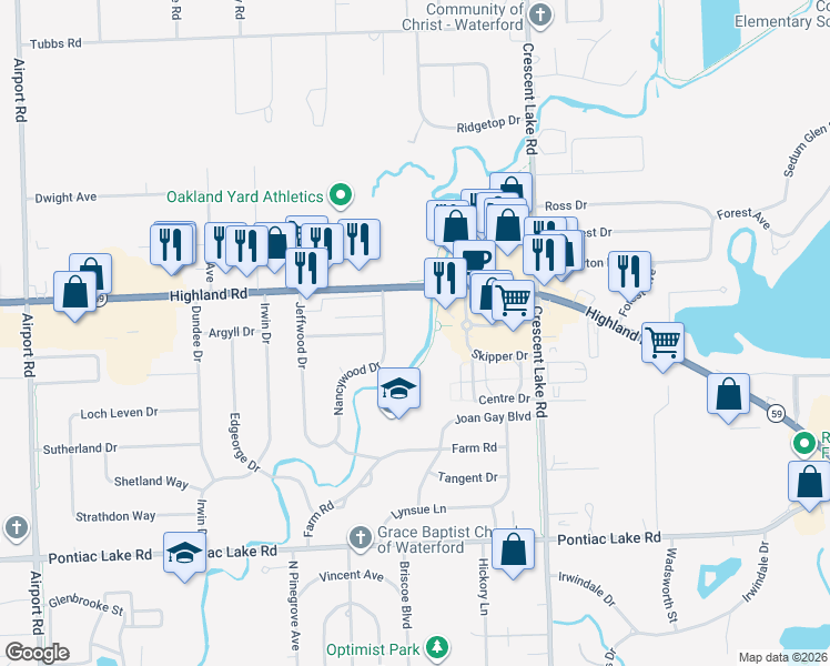 map of restaurants, bars, coffee shops, grocery stores, and more near 5299 Highland Road in Waterford Township