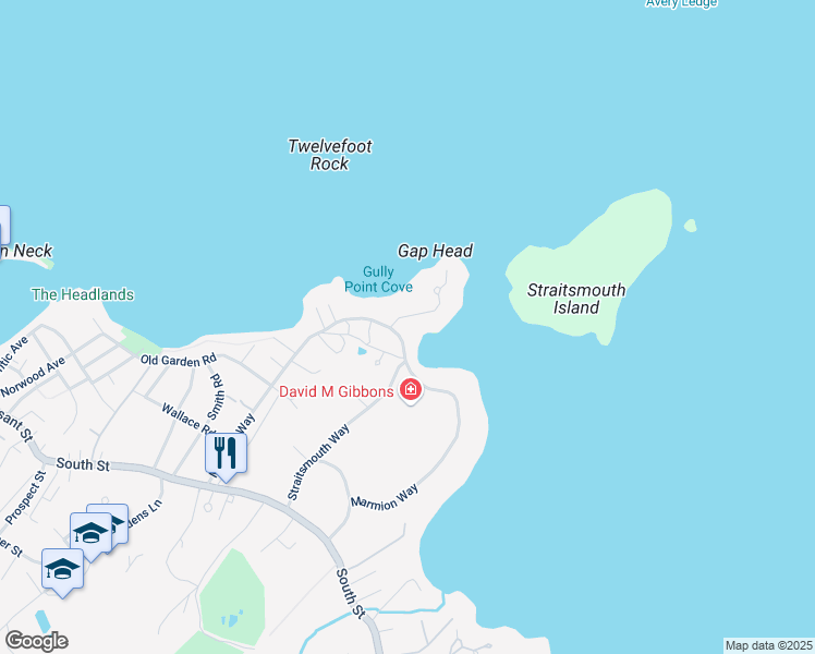 map of restaurants, bars, coffee shops, grocery stores, and more near 53 Marmion Way in Rockport