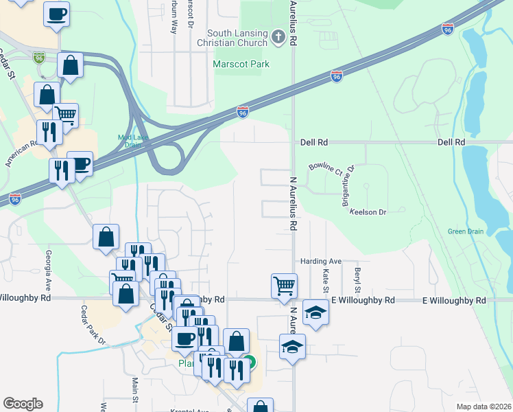 map of restaurants, bars, coffee shops, grocery stores, and more near 6817 Kingdon Avenue in Lansing