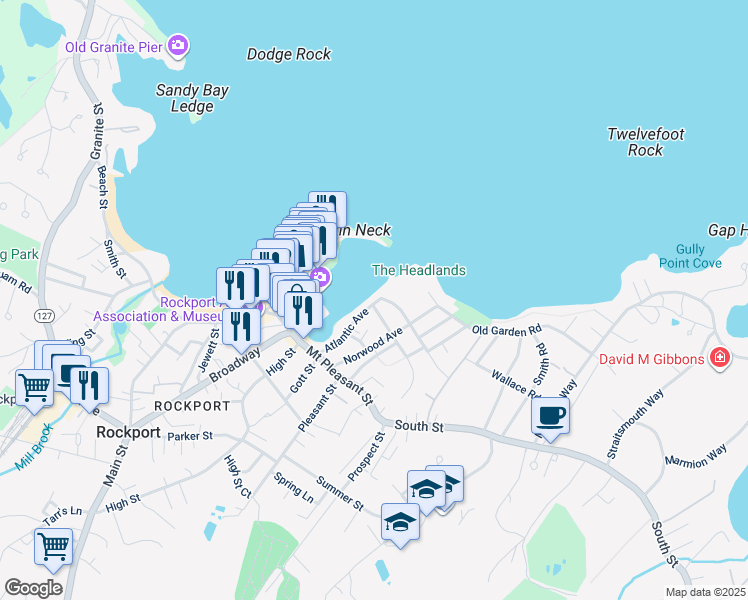 map of restaurants, bars, coffee shops, grocery stores, and more near 20 Atlantic Avenue in Rockport