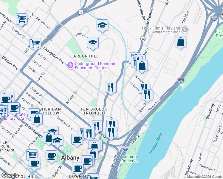 map of restaurants, bars, coffee shops, grocery stores, and more near 251-255 North Pearl Street in Albany