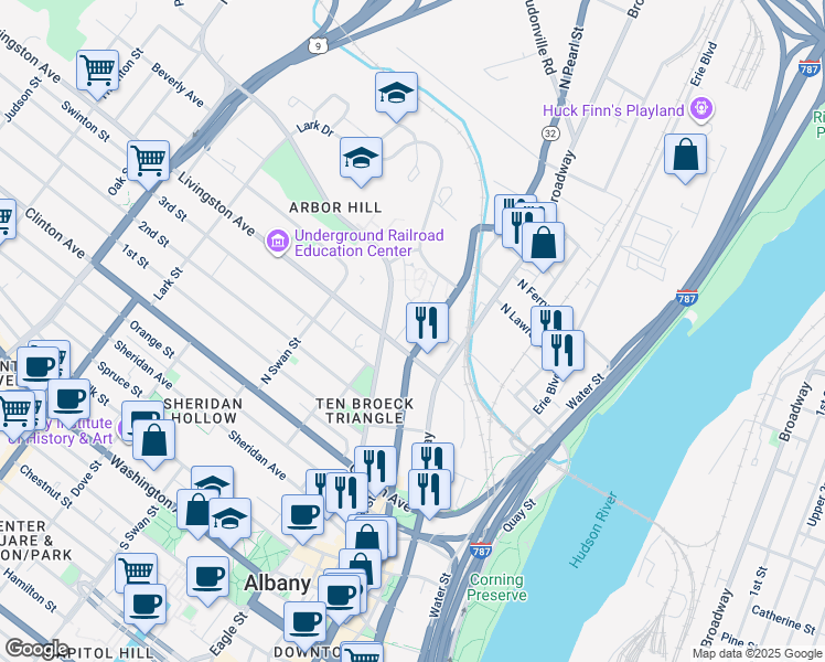 map of restaurants, bars, coffee shops, grocery stores, and more near 251-255 North Pearl Street in Albany