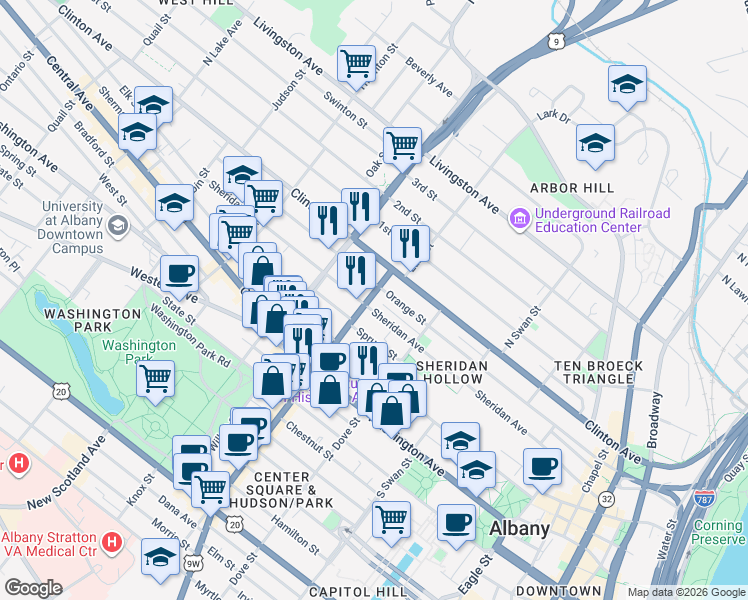 map of restaurants, bars, coffee shops, grocery stores, and more near 256 Sheridan Avenue in Albany