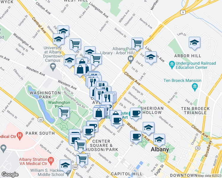 map of restaurants, bars, coffee shops, grocery stores, and more near 43 Sherman Street in Albany