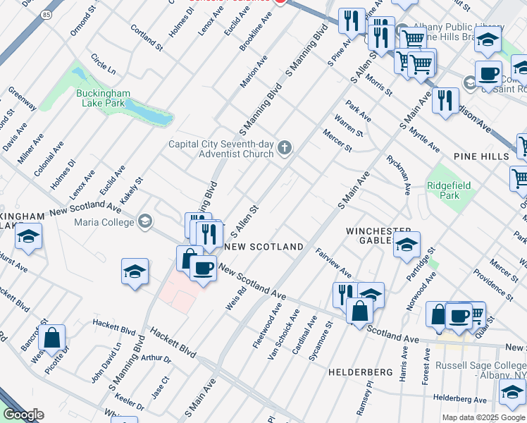 map of restaurants, bars, coffee shops, grocery stores, and more near 265 South Allen Street in Albany