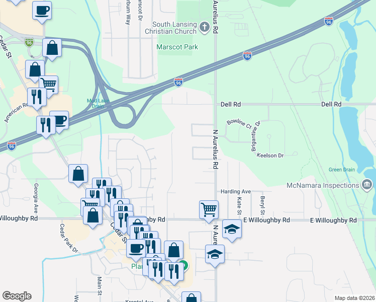 map of restaurants, bars, coffee shops, grocery stores, and more near 6817 Kingdon Avenue in Lansing