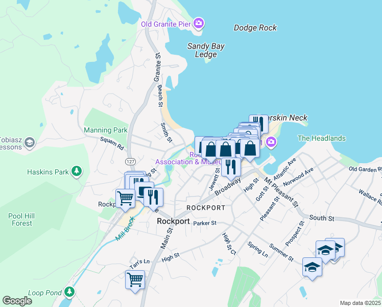 map of restaurants, bars, coffee shops, grocery stores, and more near 7 Beach Street in Rockport