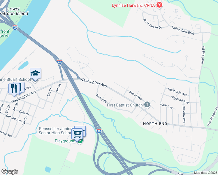 map of restaurants, bars, coffee shops, grocery stores, and more near Washington Avenue in Rensselaer