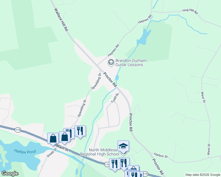 map of restaurants, bars, coffee shops, grocery stores, and more near 15 Proctor Road in Townsend