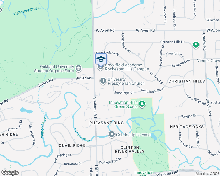 map of restaurants, bars, coffee shops, grocery stores, and more near 1385 South Adams Road in Rochester Hills