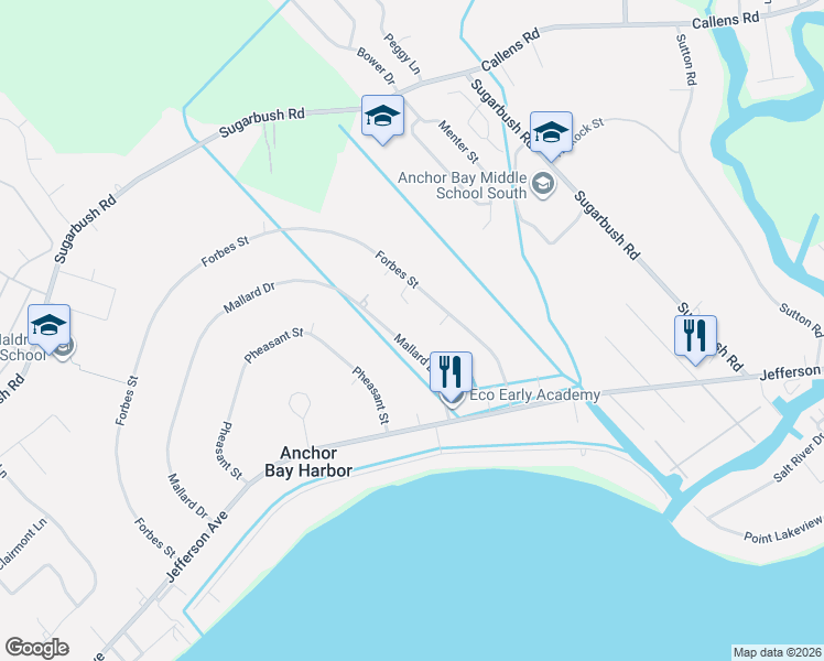 map of restaurants, bars, coffee shops, grocery stores, and more near 48306 Mallard Drive in New Baltimore