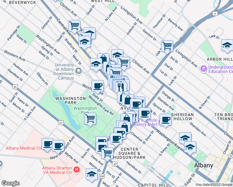 map of restaurants, bars, coffee shops, grocery stores, and more near 76 Central Avenue in Albany