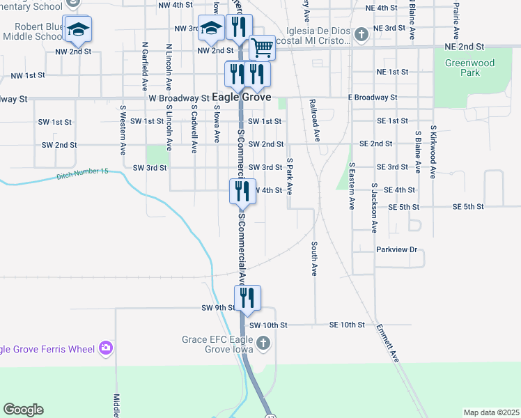 map of restaurants, bars, coffee shops, grocery stores, and more near 601 South Lucas Avenue in Eagle Grove