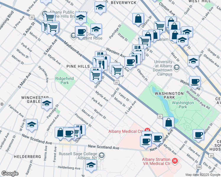 map of restaurants, bars, coffee shops, grocery stores, and more near 448 Yates Street in Albany