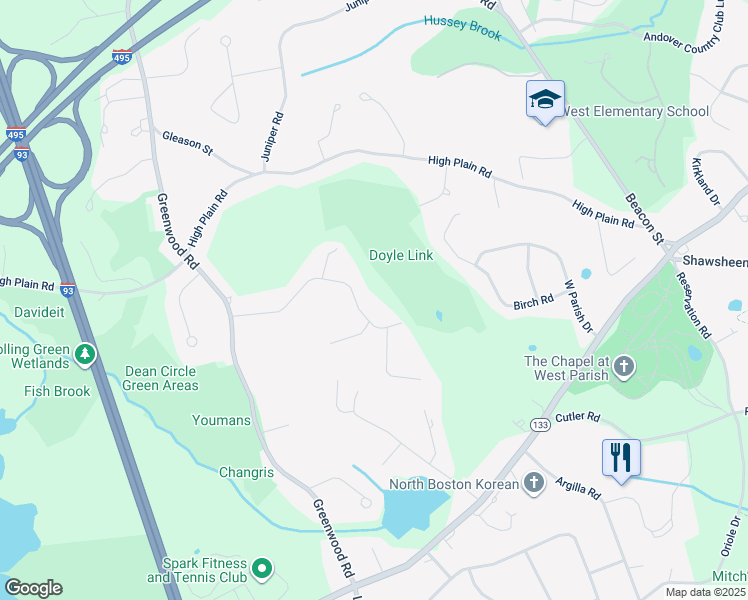 map of restaurants, bars, coffee shops, grocery stores, and more near 24 Candlewood Drive in Andover
