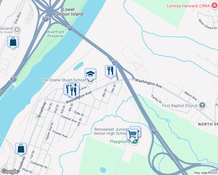 map of restaurants, bars, coffee shops, grocery stores, and more near 1960 8th Street in Rensselaer