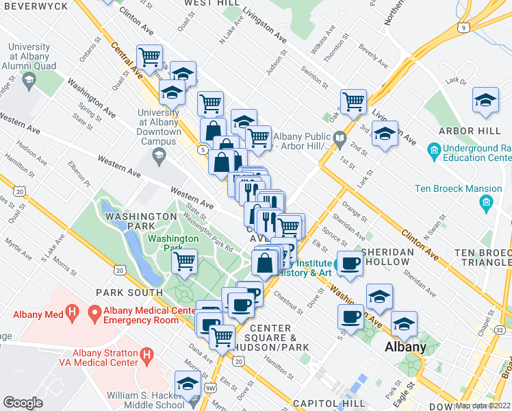 map of restaurants, bars, coffee shops, grocery stores, and more near 69 Central Avenue in Albany