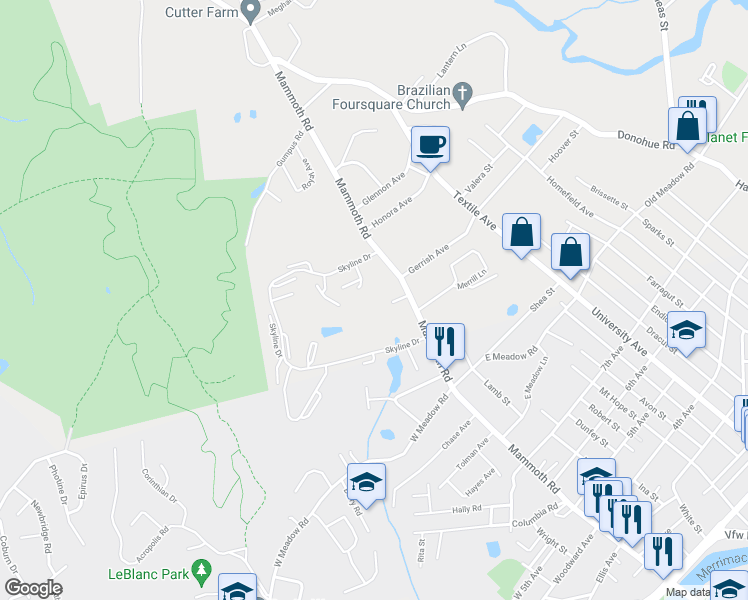 map of restaurants, bars, coffee shops, grocery stores, and more near 474 Mammoth Road in Dracut