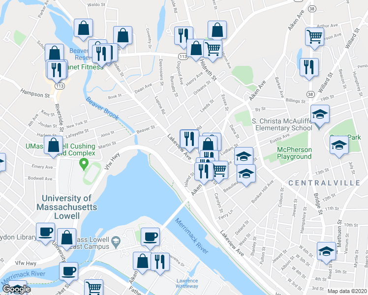 map of restaurants, bars, coffee shops, grocery stores, and more near 818 Lakeview Avenue in Lowell