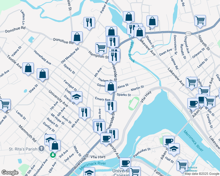 map of restaurants, bars, coffee shops, grocery stores, and more near 123 Sparks Street in Lowell