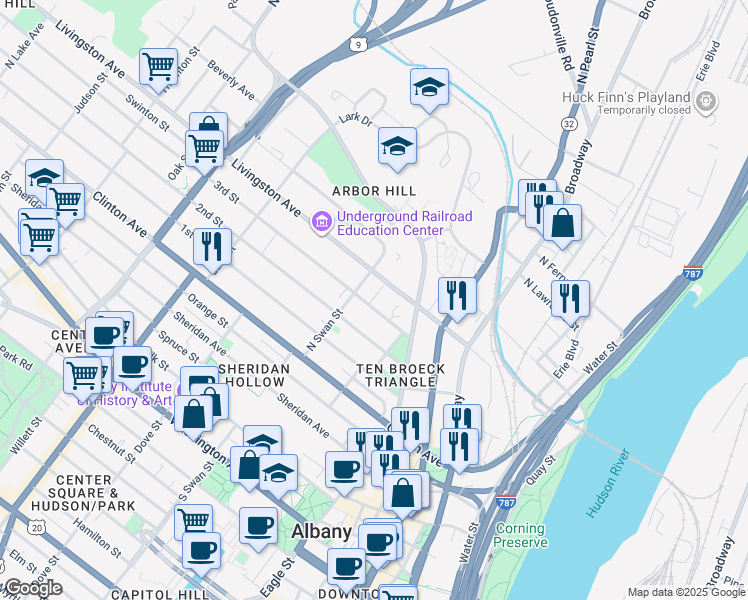 map of restaurants, bars, coffee shops, grocery stores, and more near 22 Ten Broeck Place in Albany