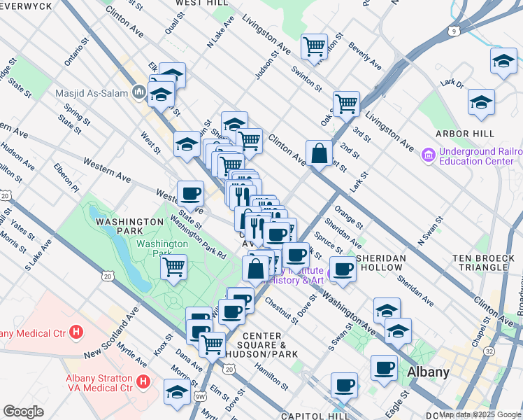 map of restaurants, bars, coffee shops, grocery stores, and more near 43 Sherman Street in Albany