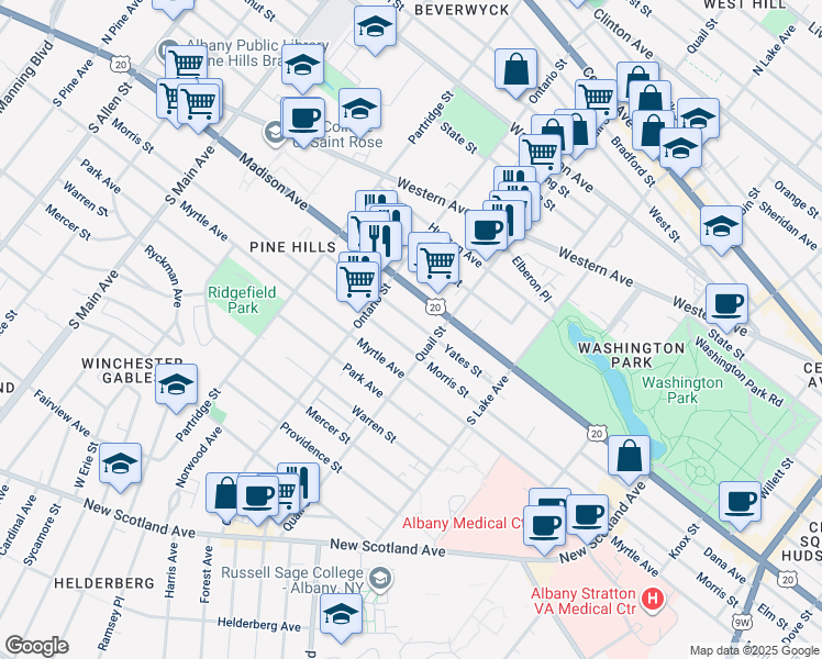 map of restaurants, bars, coffee shops, grocery stores, and more near 440 Morris Street in Albany